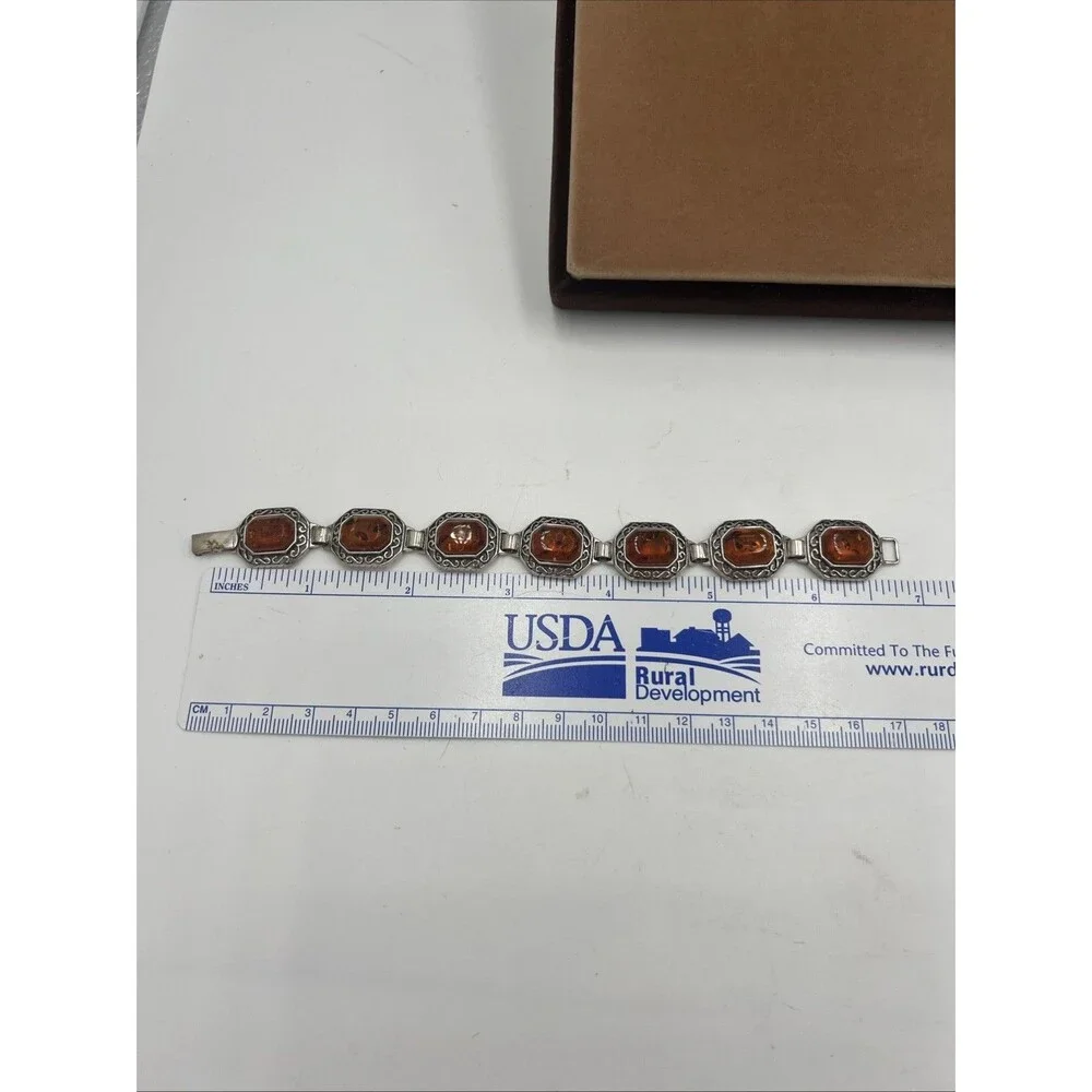 Vintage Bohemian Style Sterling Silver Amber Cabochon Link Bracelet